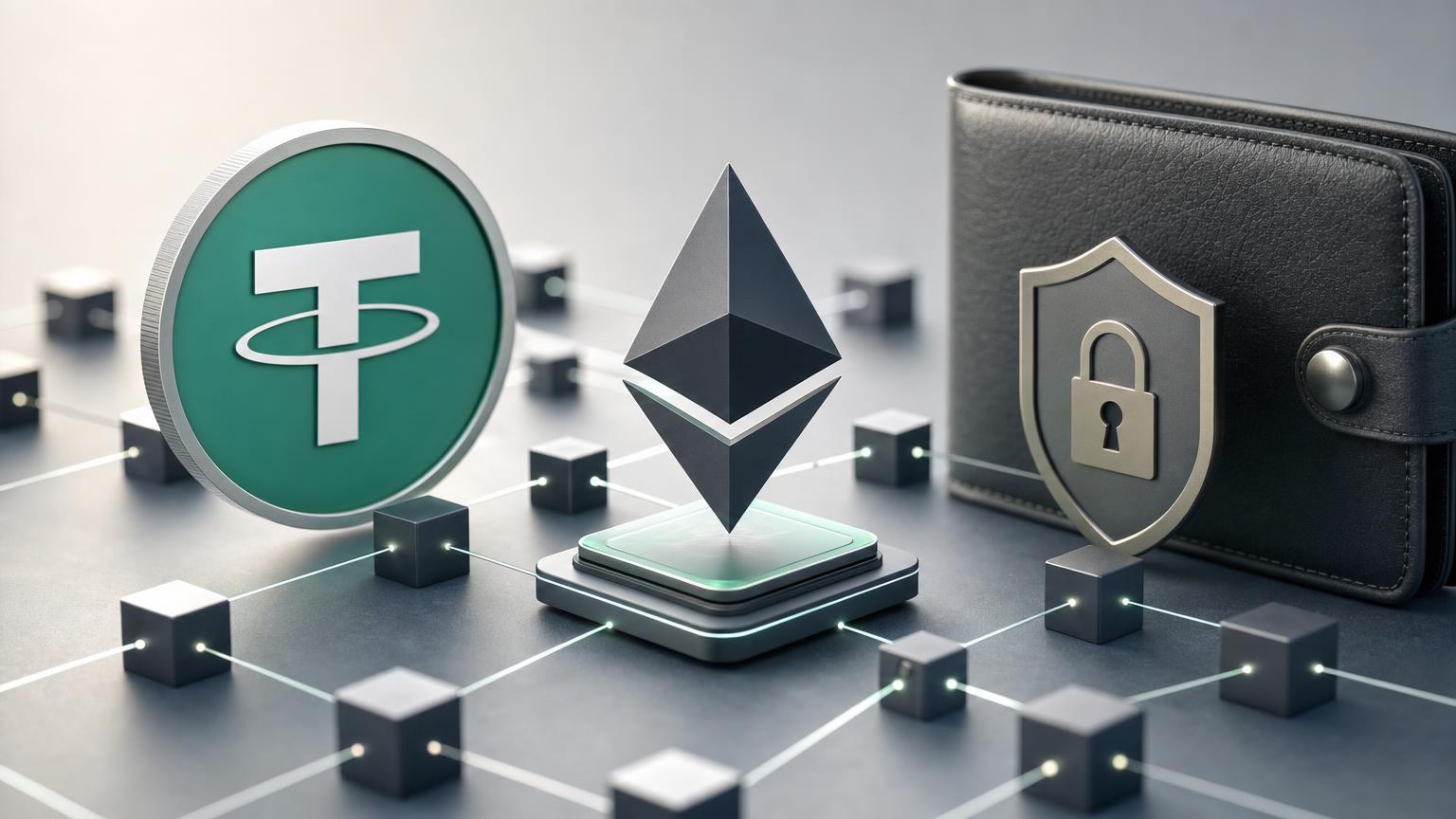 Een walletscherm met een USDT ERC-20-adres, het Ethereum-netwerk en een controle van de netwerk- en transactiekosten